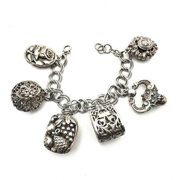 Antique Unsigned Peruzzi? Sterling Silver Charm Bracelet Unique Large Charms - Picture 3 of 10
